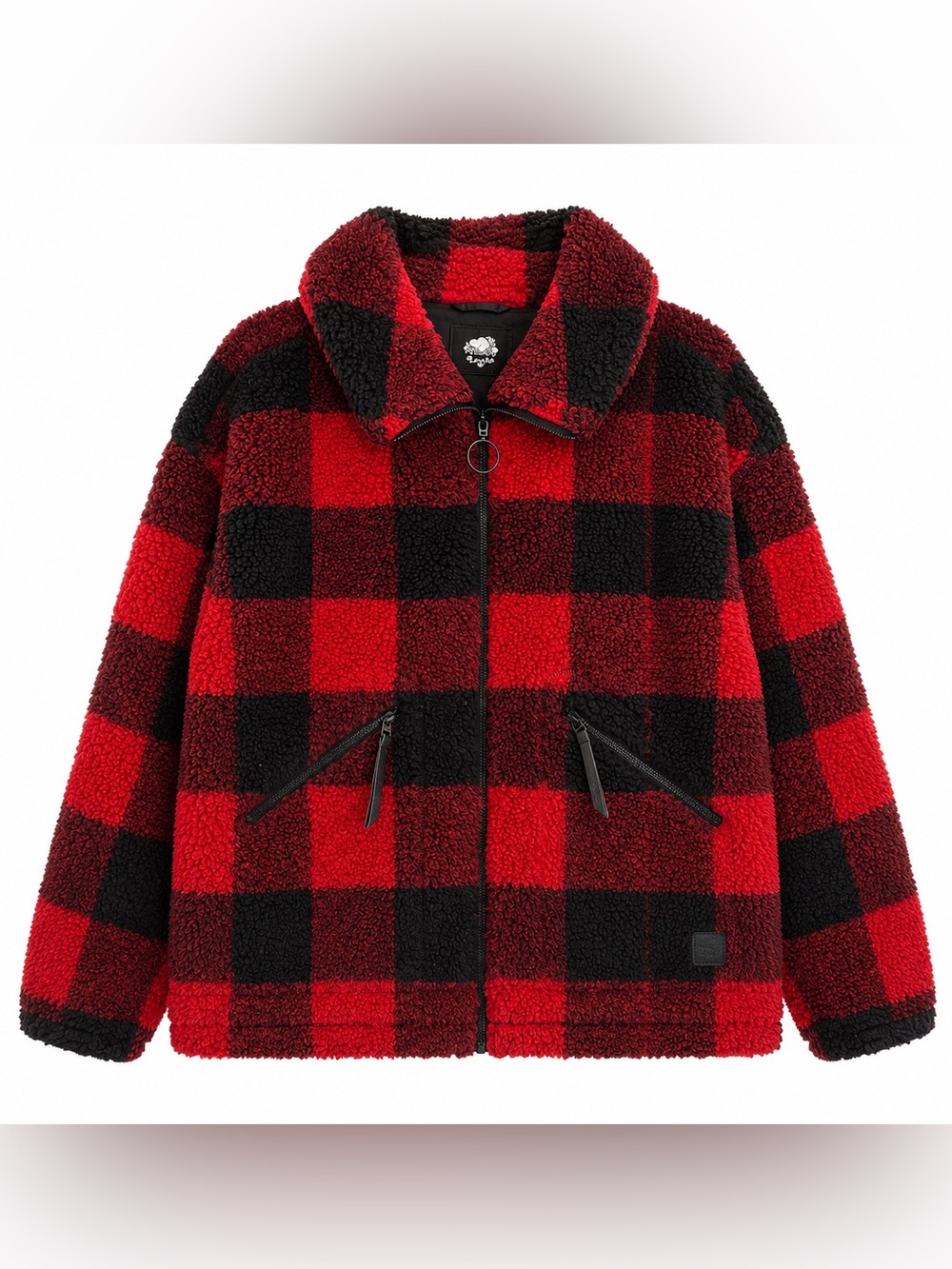 Roots Buffalo Plaid Sherpa Jacket Red Black Oversized Full Zip Size L - Picture 2 of 11